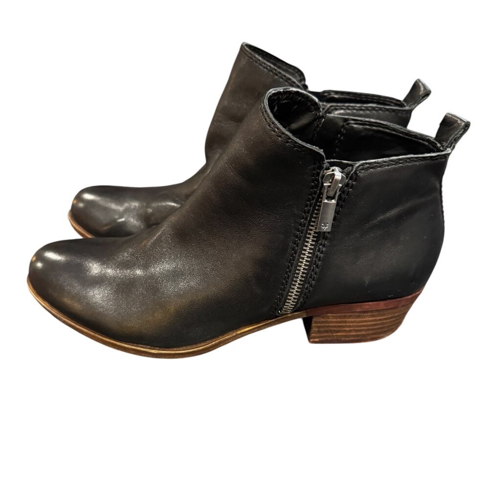Lucky Brand Basel Black Leather Ankle Booties Size 8.5 Western Zip Boots
